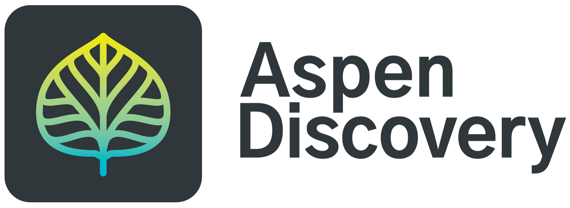 The Aspen Discovery logo, a simple leaf line drawing. the leaf is a gradient from blue to yellow on a charcoal grey background. 