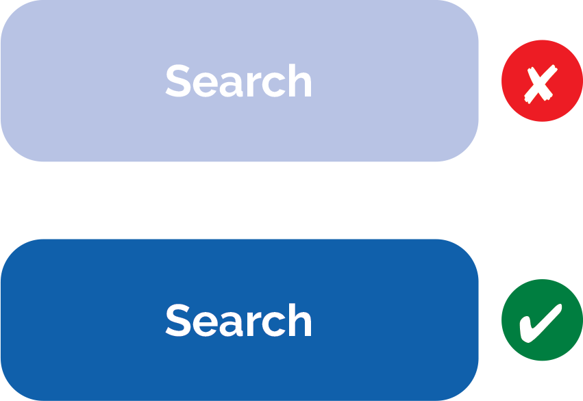 Incorrect example: a pale blue button with white text that is hard to read. Correct example: a dark blue button with white text that is easier to read.