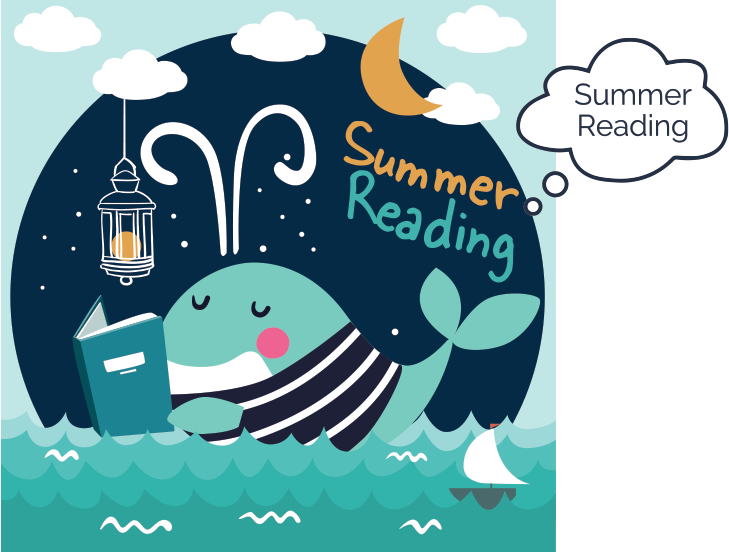 An ad with the stylized words “Summer Reading” and an illustration of a whale reading a book while splashing in the surf. The diagram includes a thought bubble with “Summer Reading” in plain text to indicate that this is the illustration’s alt text.